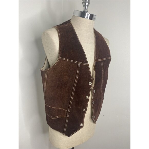 Vintage Genuine Leather Suede Vest Sherpa Lining Men's 40 Snap Front Dark Brown - Picture 2 of 7